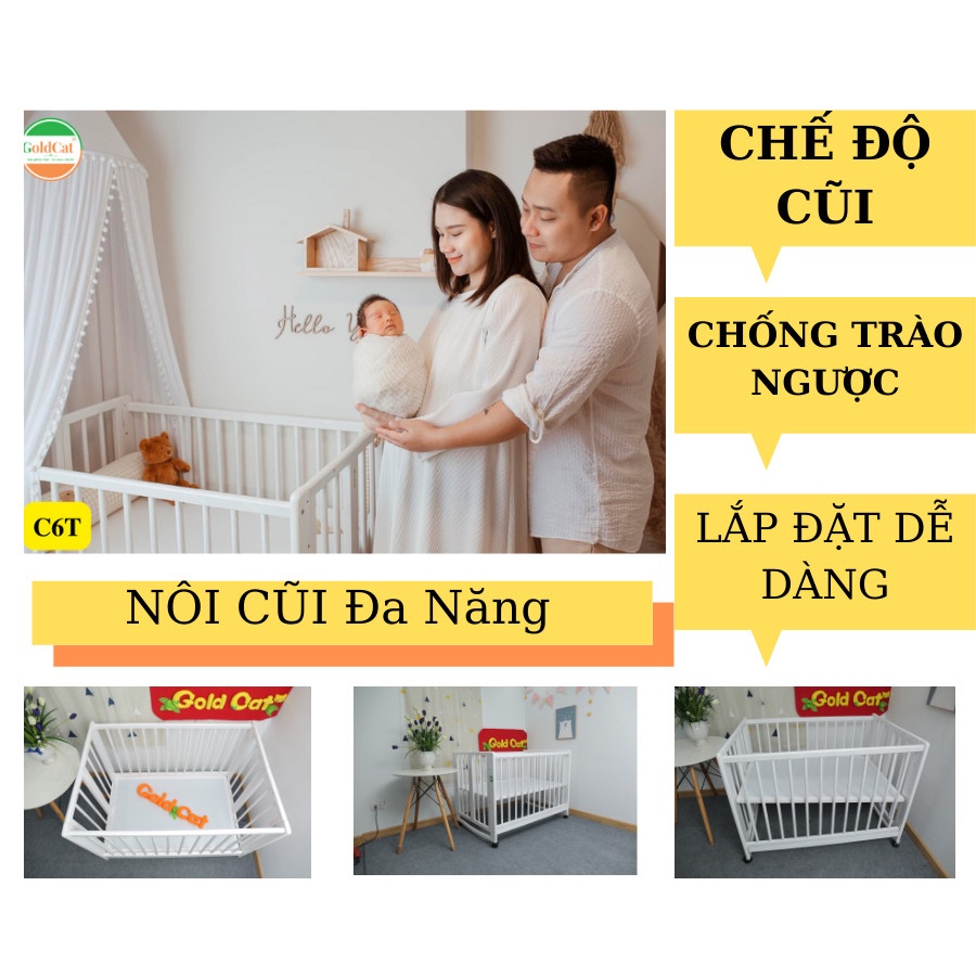 Nôi Cũi Cho Em Bé GOLDCAT, Nôi Cũi Cho Bé Đa Năng 6IN1 CS6T Chất Gỗ Sồi Nan Tròn Chống Trào Ngược