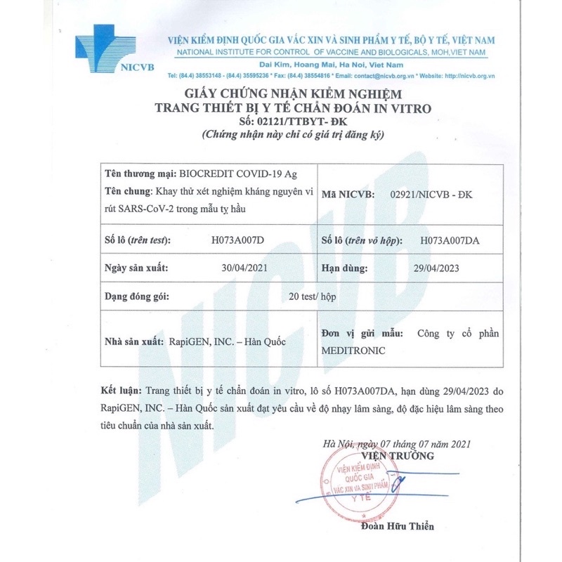 Que Kit test nhanh Covid-19 Biocredit Ag Hàn Quốc