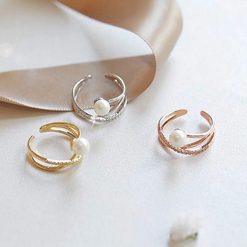 Nhẫn dạng mở Etrendy gắn ngọc trai nhân tạo và zircon thiết kế chéo xinh xắn hợp thời trang cho nữ