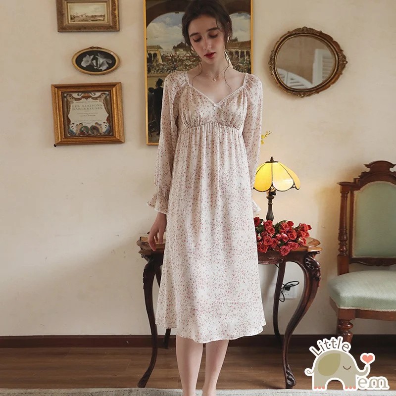 Váy ngủ tiểu thư dài tay chất lụa cao cấp - Hoa nhí
