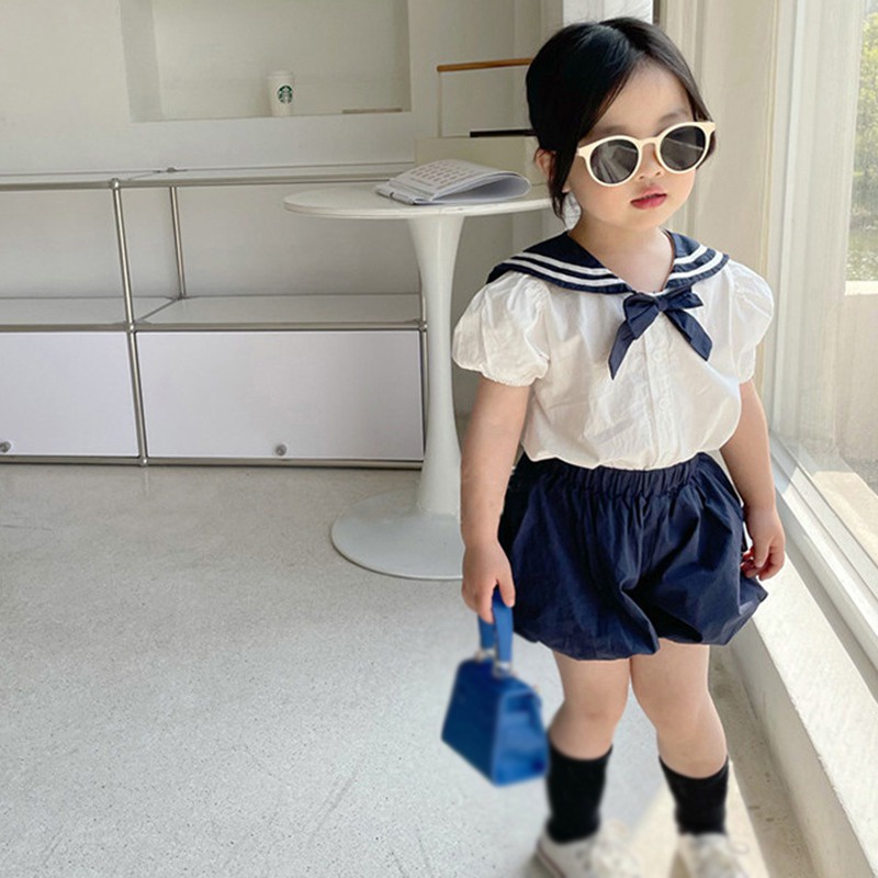 Se7en Bộ Áo Tay Phồng Đính Nơ + Quần Short Thời Trang Mùa Hè Hàn Quốc Cho Bé Gái