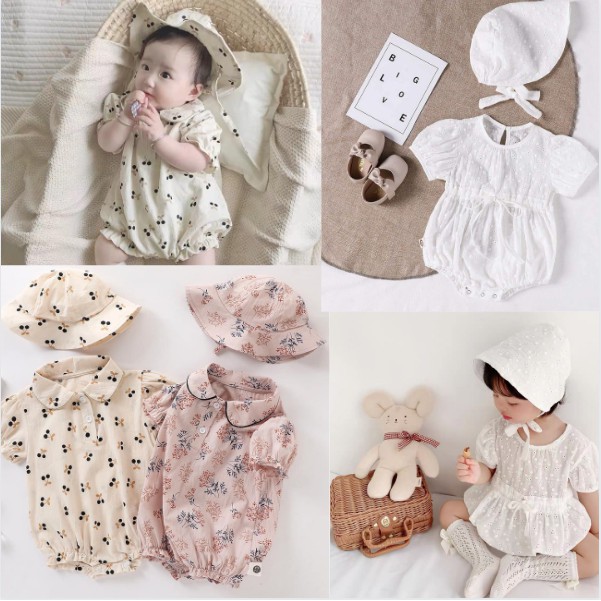 SET JUMPSUIT BÉ GÁI NGẮN TAY CÓ SẴN NGẮN TAY MÙA HÈ HÌNH CHERRY ,HOA DAISY CỎ KÈM MŨ