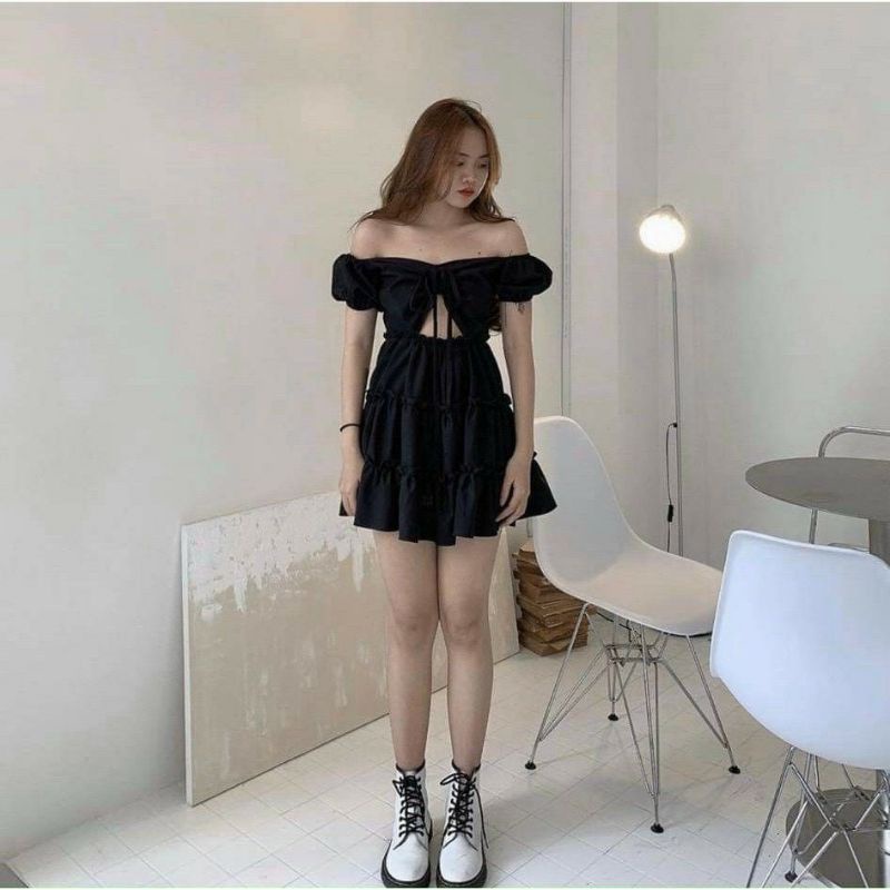 Váy Nữ rút dây ngực khoét eo dáng xoè Đầm Dự Tiệc Cổ V sang chảnh3 tầng ngắn tay tiểu thư 2 lớp vintage Ullzang