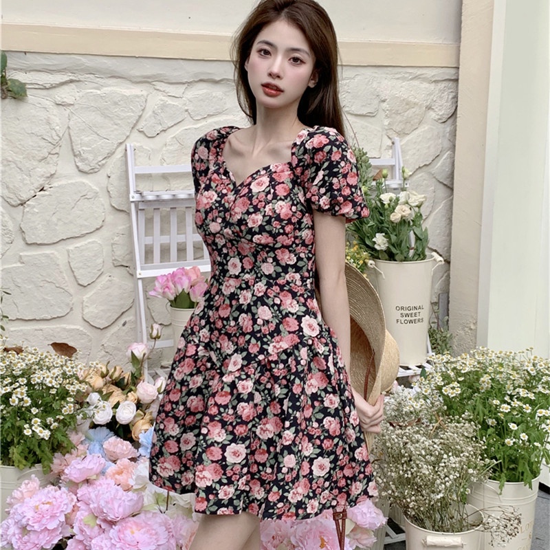 Đầm Hoa Cổ Vuông Ngắn Tay Thời Trang Mùa Hè Dành Cho Nữ