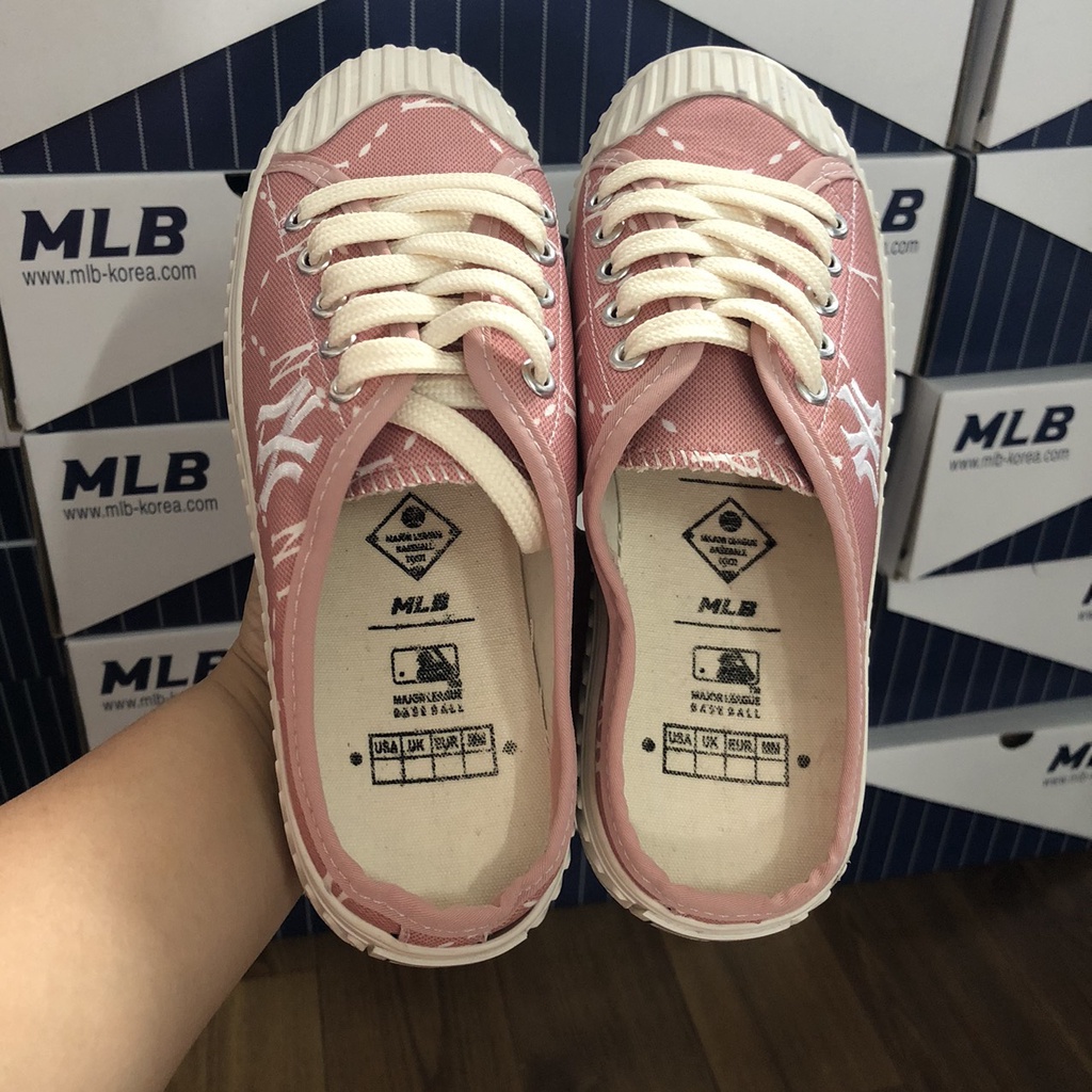 Giày đạp gót MLB NY, Sục MLB thêu chữ NY màu hồng  size 35-39