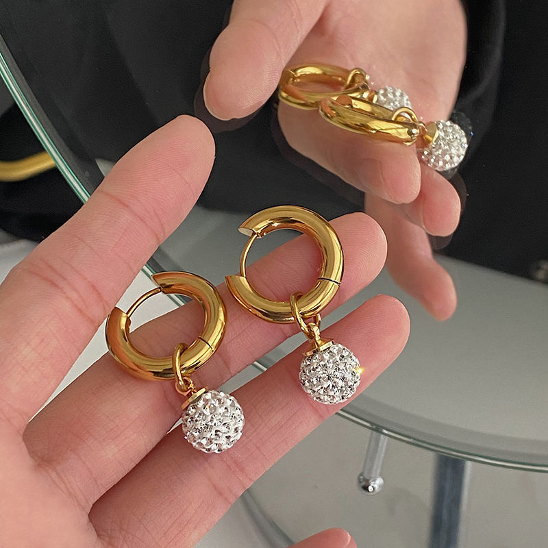 Super Flash Heavy Industry Rhinestone Circle Ear Ring Gold and Silver Contrast Earrings Female Zircon Ball Pendant Simple Graceful Online Influencer Earrings