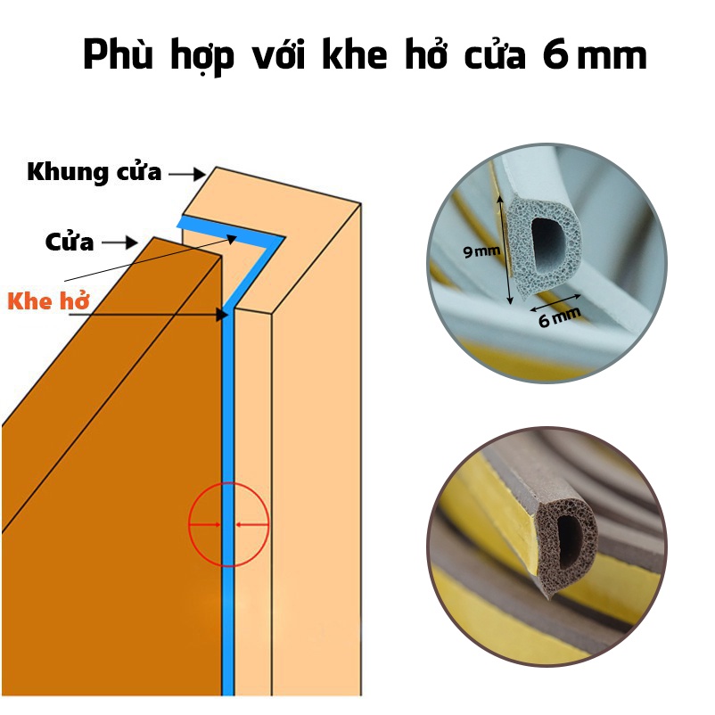 Ron gioăng cao su 6mm dán khung che khe hở chống ồn làm kín viền cửa ngăn bụi thoát hơi máy lạnh cách âm giảm chấn Zaba
