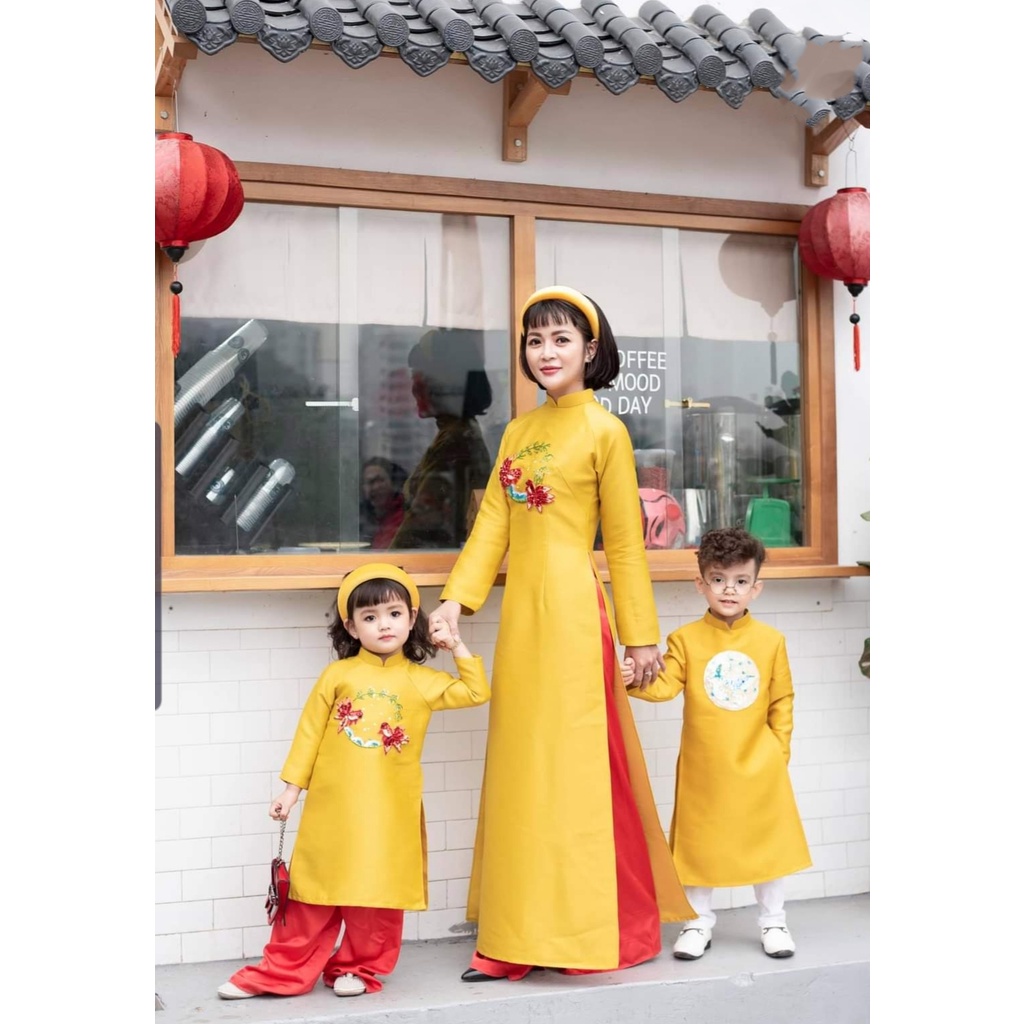 SET ÁO DÀI BÉ GẤM TAFTA KẾT THỦ CÔNG