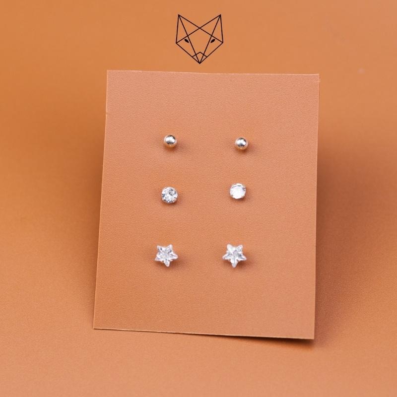 Combo Bộ 3 Đôi Bông Tai Nữ Bạc Ta CaoBac Silver Sao, Bi, Đá Phong Cách Unisex Cá Tính Đơn Giản