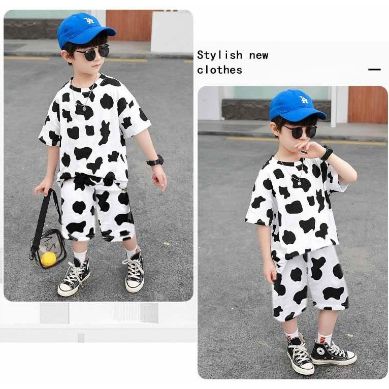 Set bộ đồ mặc nhà đi chơi cho bé trai, bé gái in màu 3D bò sữa cực đẹp
