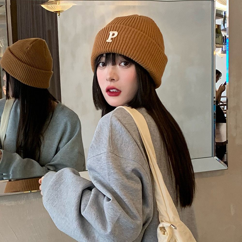MXMUSTY Mũ beanie dệt kim màu trơn thêu chữ P phong cách đường phố Hàn Quốc ấm áp thiết kế tối giản thời trang cho nữ