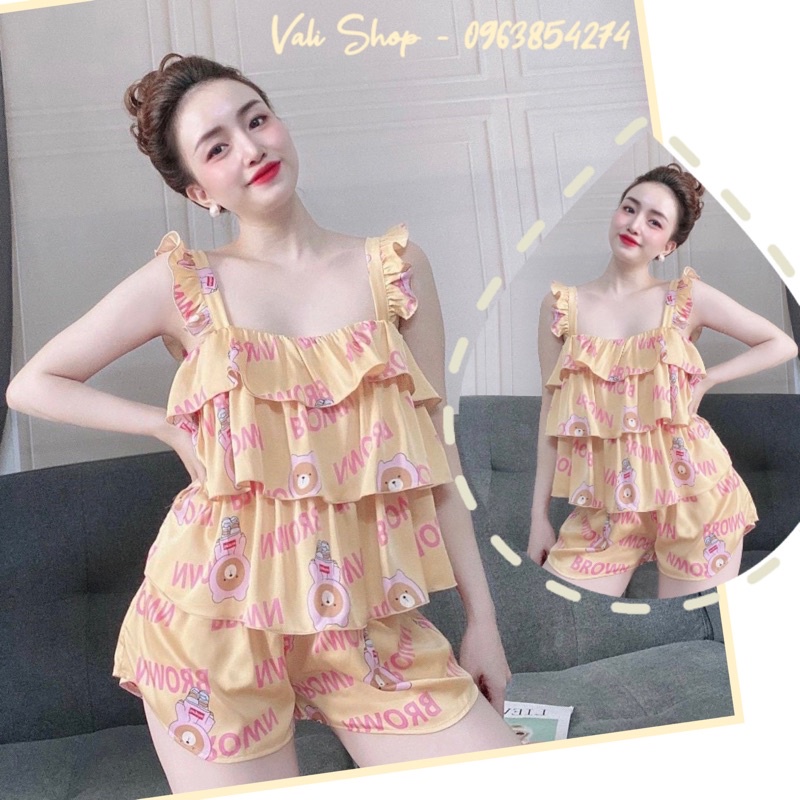 Đồ ngủ lụa latin cao cấp tay cánh tiên nhí áo bèo tầng freesize 40-57kg
