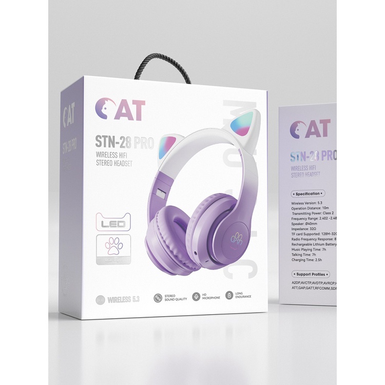 Tai Nghe Bluetooth Không Dây STN-28PRO Hình Tai Mèo Dễ Thương Có Đèn LED Và Mic