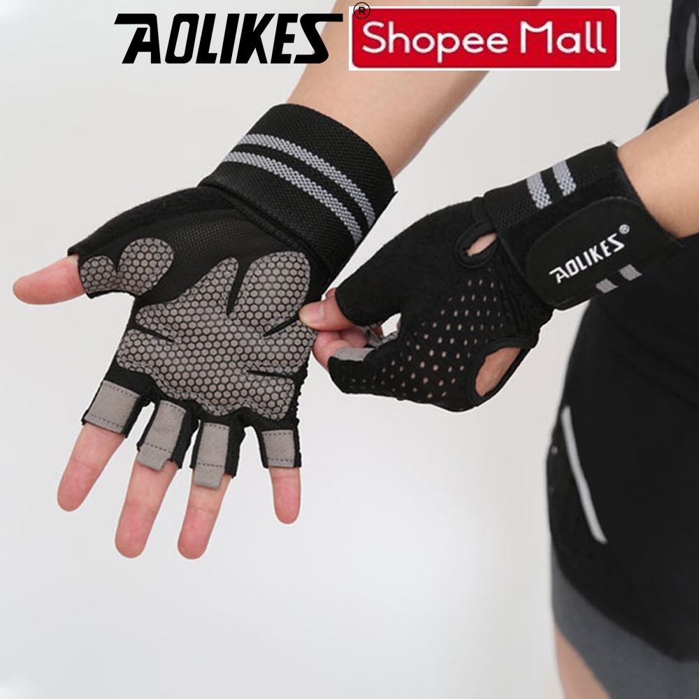 Găng Tay Nửa Ngón Tập Gym, Tập Tạ Tích Hợp Quấn Cổ Tay Aolikes AL113B (1 đôi) - Chính Hãng Aolikes