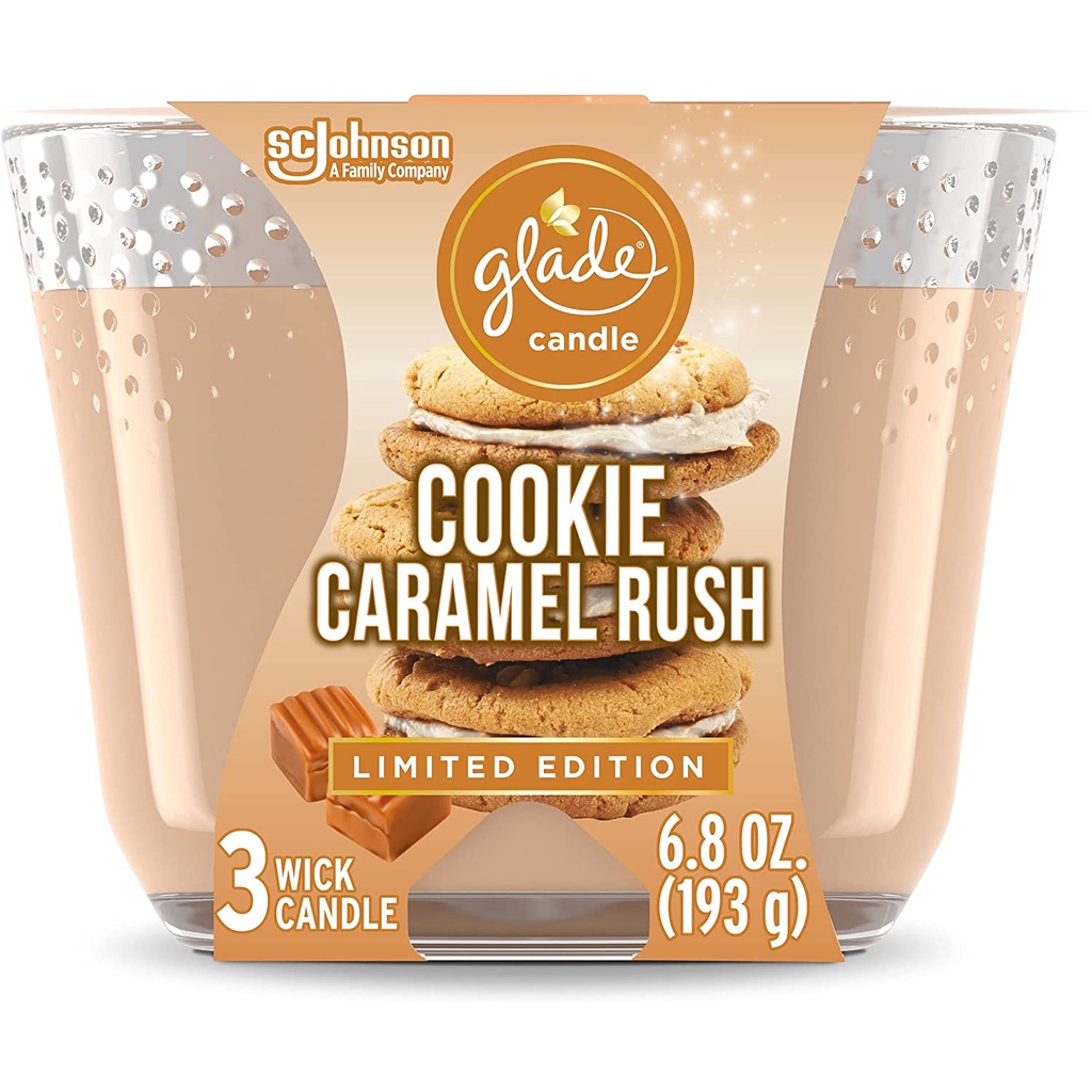 Đèn cầy nến thơm 3 bấc Glade 3-wick Candle Jar Air Freshener Cookie Caramel Rush 193g (Mỹ)