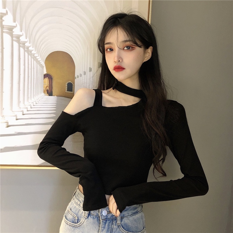 Áo thun SUXI tay dài trễ vai màu đen quyến rũ thời trang mùa thu cho nữ
