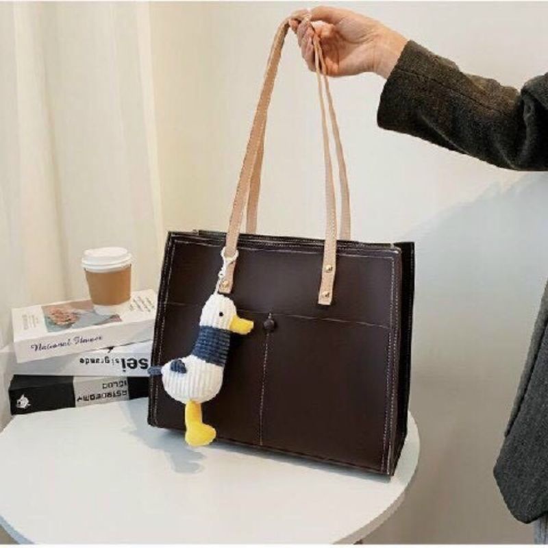 Túi đeo vai công sở, túi xách nữ tote, size to đi làm, đi học, tặng kèm móc thú vịt len đẹp QH304