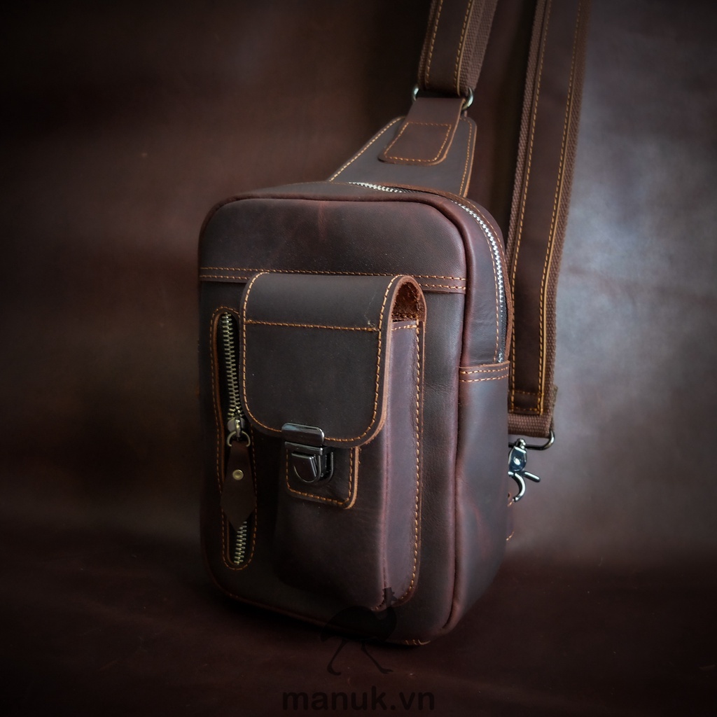 Túi chéo da bò thật, da bò sáp nhập khẩu cao cấp Pocket sling bag - Manuk vn Leather Design