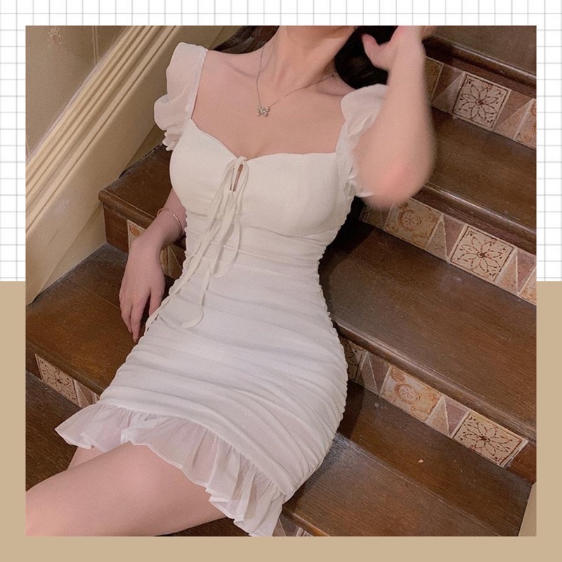 Đầm/Váy trắng cổ vuông phối dây có mút ngực