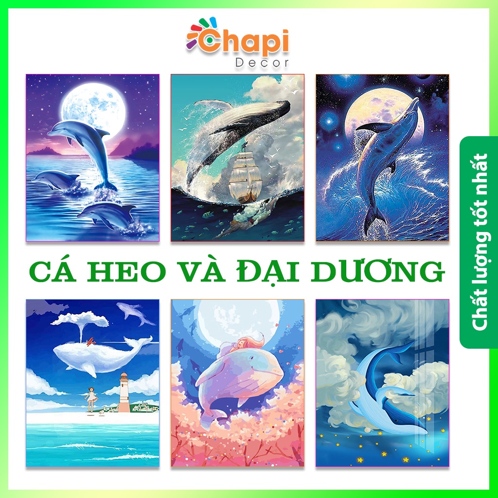 Tranh tô màu số hoá Chapi Cá Heo và Đại Dương KT 40x50cm đã căng khung, Có dầu bóng | Chapi Decor