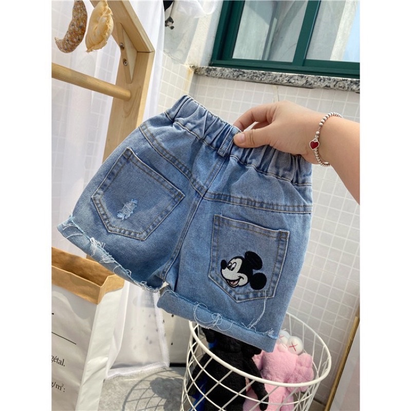 Quần sooc bò cho trẻ em 8-22kg, mẫu thêu chuột cho bé