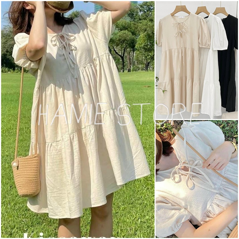 Váy babydoll nữ dáng ngắn xòe tầng tay bồng cổ nơ HV144, váy bánh bèo tiểu thư kiểu dáng hàn quốc