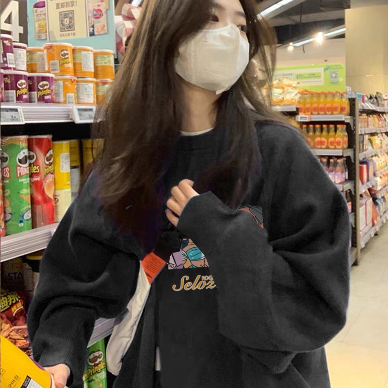 Áo sweater XIAOZHAINV cổ tròn dáng rộng in họa tiết màu đen thời trang mùa thu cho nữ