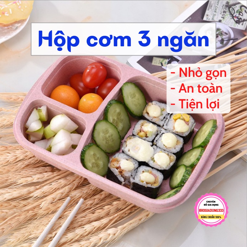 Hộp cơm ăn trưa 🍄 Hộp đựng cơm 3 ngăn văn phòng lúa mạch cao cấp nắp trong tiện dụng dùng được trong lò vi sóng