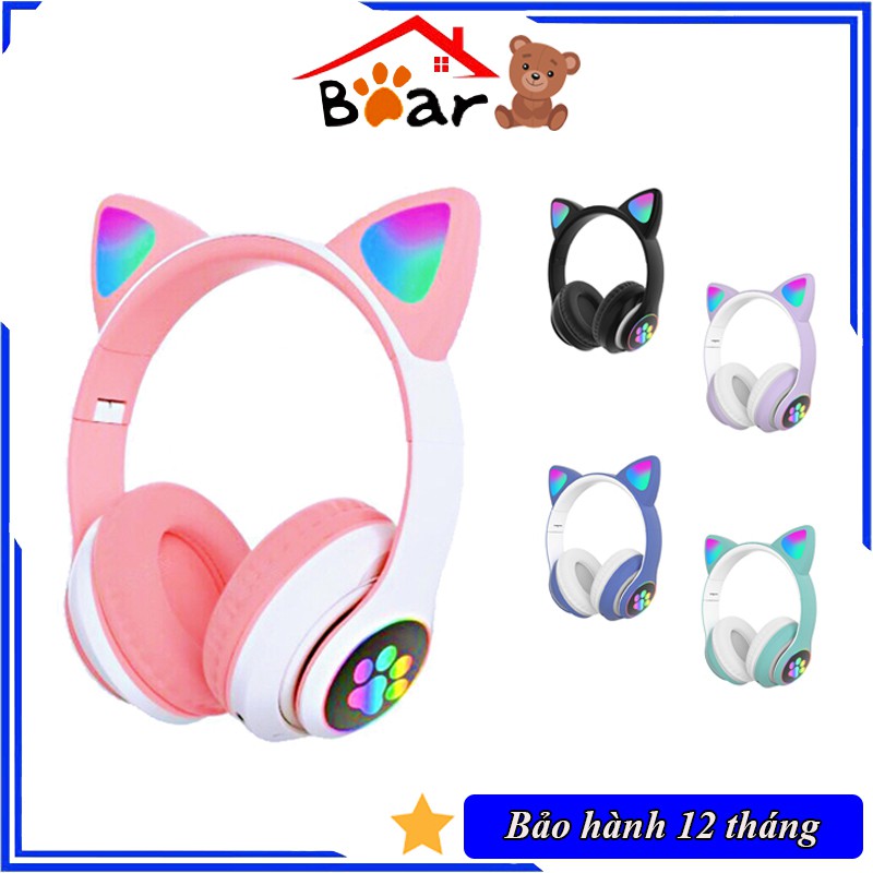 Tai nghe bluetooth có tai mèo cute, Có đèn led đổi màu (Tắt được nếu không muốn sử dụng), Headphone cao cấp chính hãng