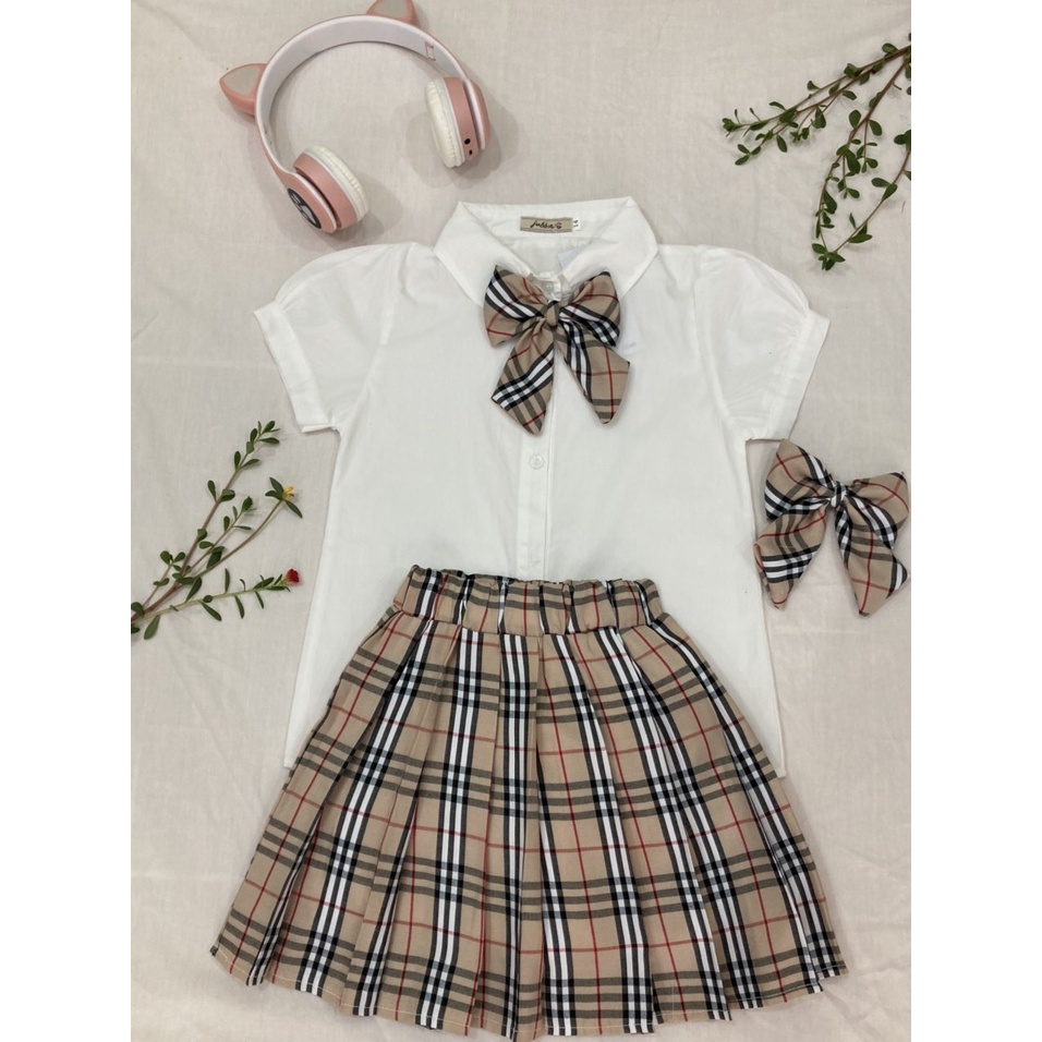 Áo sơ mi trắng học sinh tiểu học bé gái vải thô mềm thấm hút mồ hôi, có đính nơ ở cổ