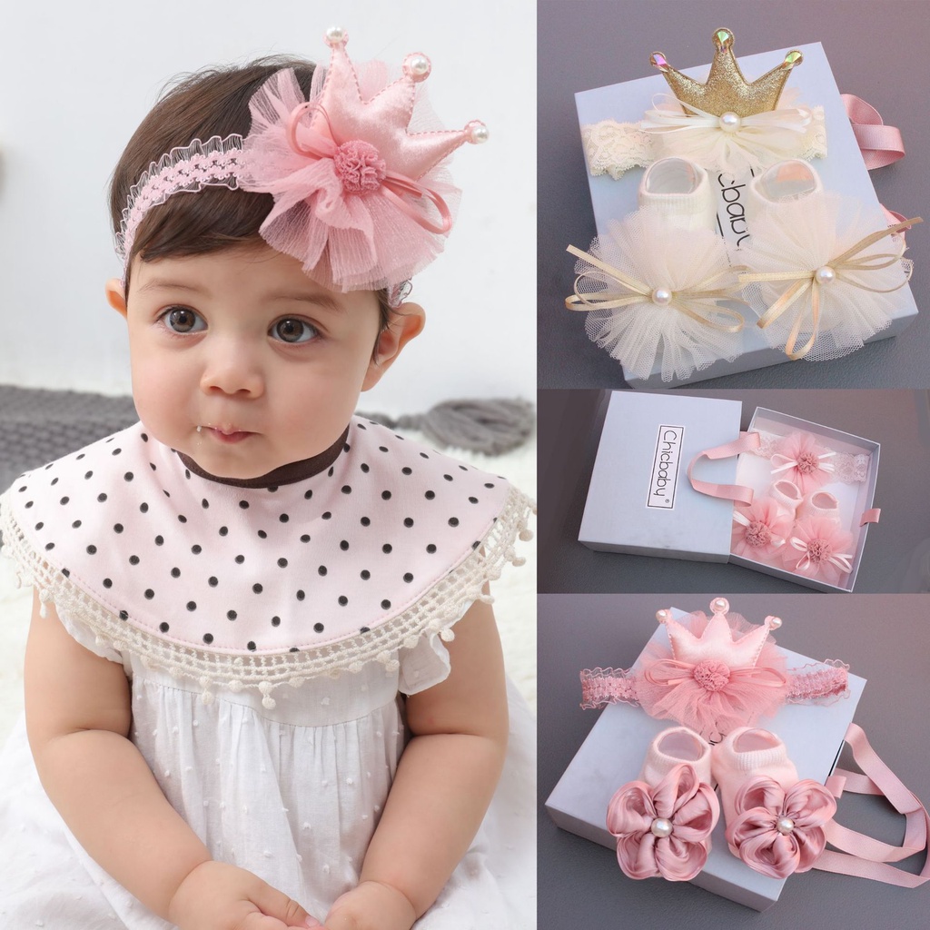 Bộ Quà Tặng Sinh Nhật Mới Sinh Gồm Băng Đô + Vớ Công Chúa Cho Bé Gái