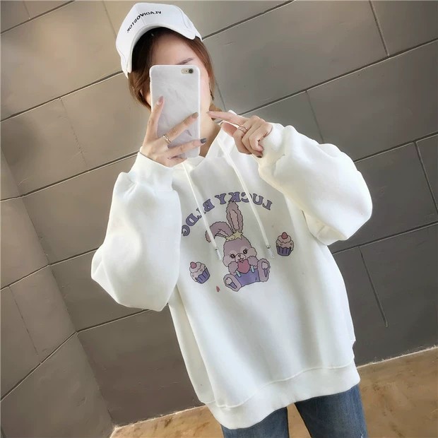 ÁO KHOÁC NỈ HOODIE IN HÌNH, NÓN PHỐI TAI THỎ XINH XẮN ÁO HOODIE NỮ