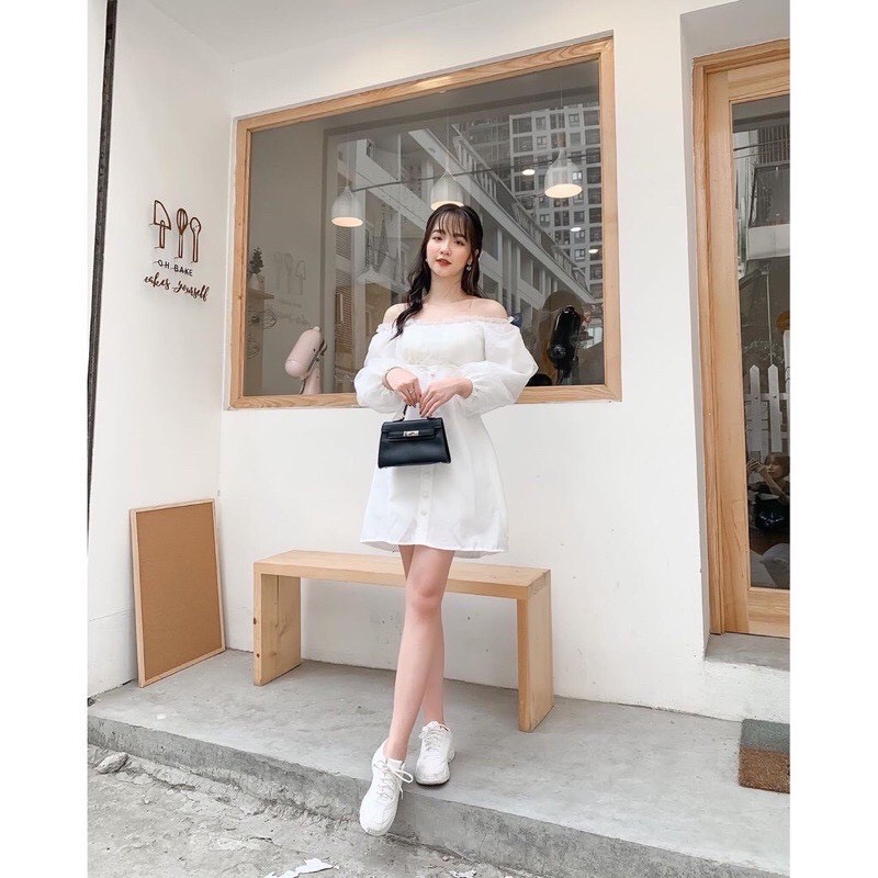 Váy trắng, váy babydoll trễ vai tiểu thư tay bồng hở lưng, mặc đi biển, đi chơi, đầm dự tiệc sang trọng siêu xinh,VAY003