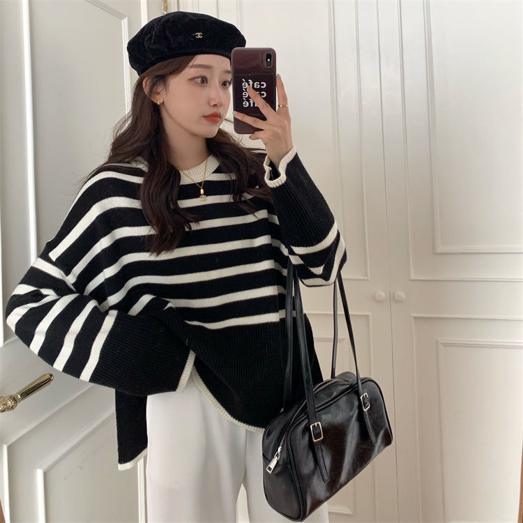 Jiashucheng Áo Sweater Tay Dài Kẻ Sọc Dáng Rộng Xẻ Tà Bên Hông Thời Trang Cho Nữ
