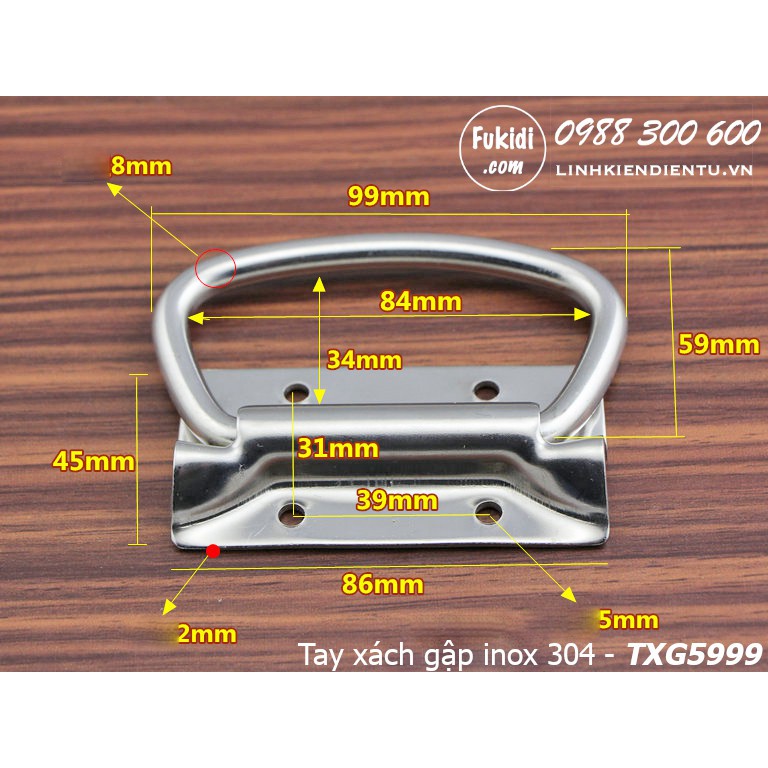 Tay xách gập inox 304 phi 9mm kích thước 59x99mm tải 40kg - TXG5999