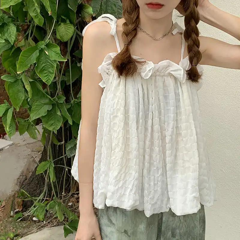 Áo hai dây cổ tròn phối ren thời trang Hàn quốc cho nữ