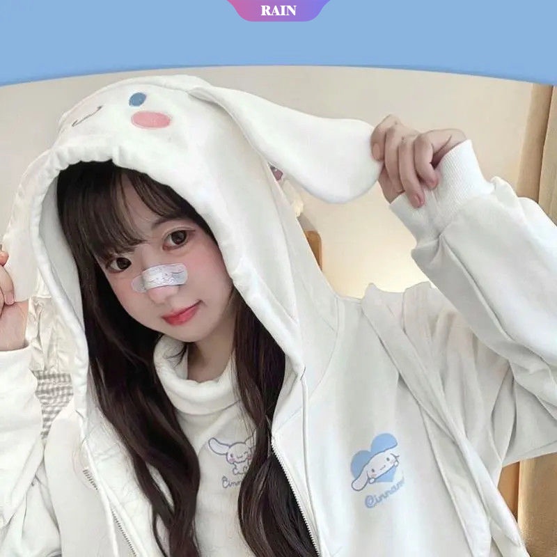 Áo Khoác Hoodie Nhung Có Khóa Kéo In Họa Tiết Hoạt Hình Sanrio Cinnamoroll Kuromi Phong Cách Kawaii Cho Nữ Sinh [RAIN]