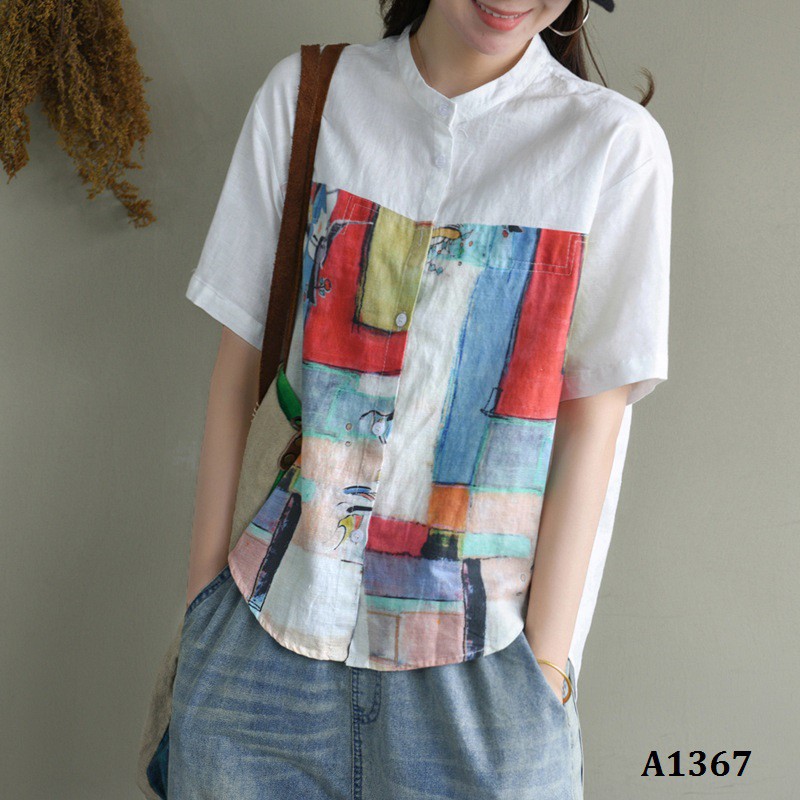 A1367 - ENDA KISUHI Áo Linen Cotton Ngắn Tay Retro Hội Họa