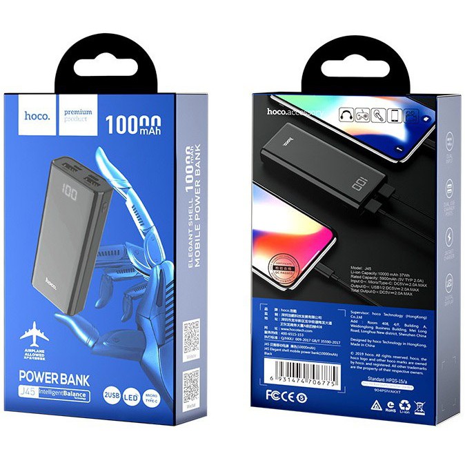 Pin sạc dự phòng di động HOCO J45 dung lượng 10000mAh đầu ra 2 cổng USB tối đa 2A, có màn hình LED - Hàng chính hãng