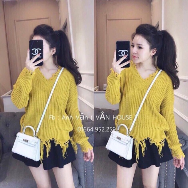 Áo len Thu Đông tay dài tua rua cổ tim