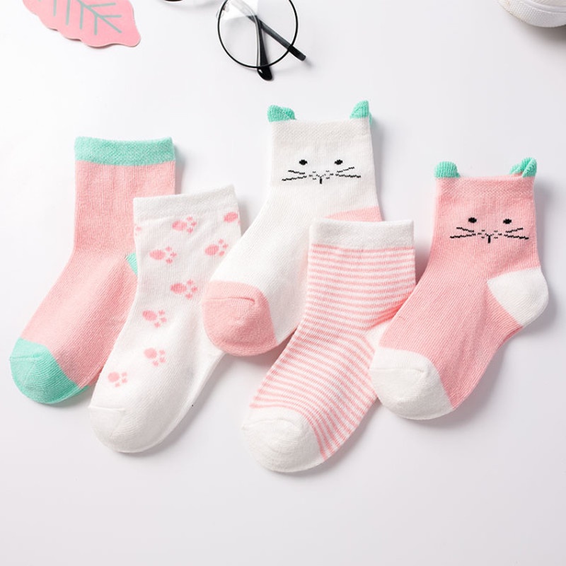 Set 5 Đôi Tất Cotton Hình Gấu Và Mèo Dễ Thương Cho Bé