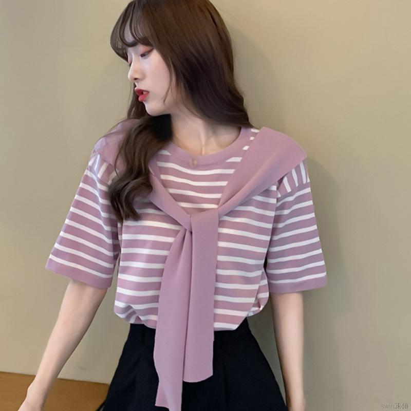 Áo Thun Nữ Tay Ngắn Kẻ Sọc Giả Hai Lớp