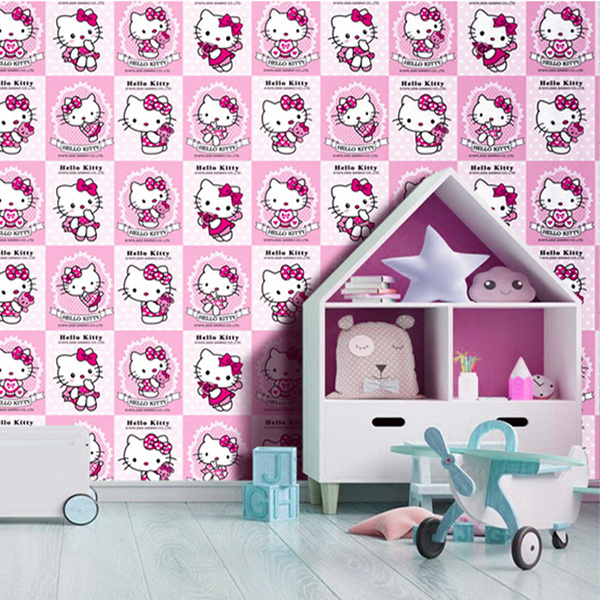 Giấy dán tường Hello Kitty khổ rộng 45cm có keo sẵn, Decal giấy dán tường Hello Kitty dễ thương - AZEVA