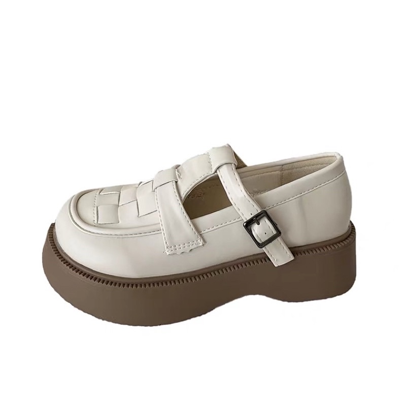 Giày oxford có quai dáng đan dây đế nâu bánh mì loafer vintage Yannie Lolita