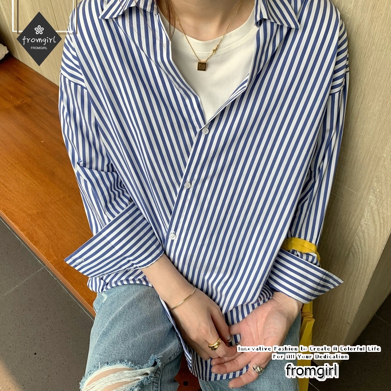 Áo Sơ Mi Tay Dài Form Rộng Họa Tiết Kẻ Sọc Phong Cách Retro