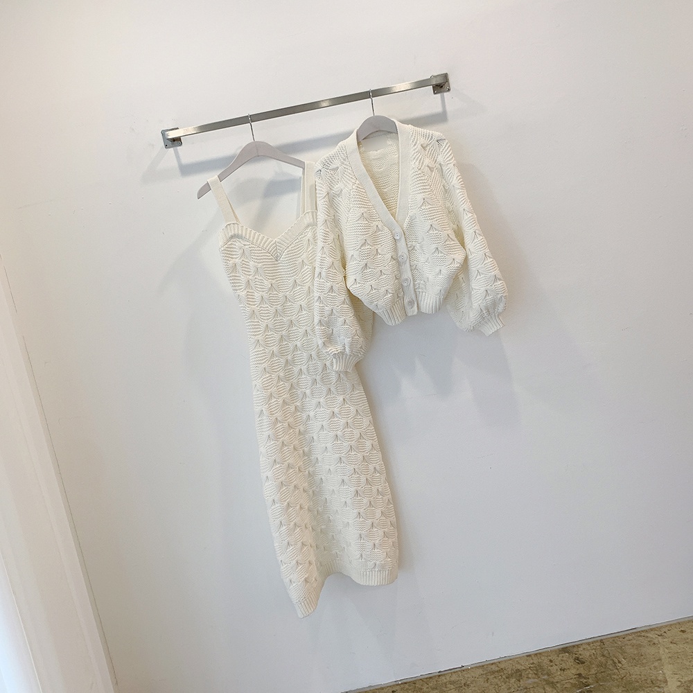Set Áo Khoác Cardigan Dệt Kim Tay Phồng + Đầm Sweater Phong Cách Hàn Quốc | BigBuy360 - bigbuy360.vn