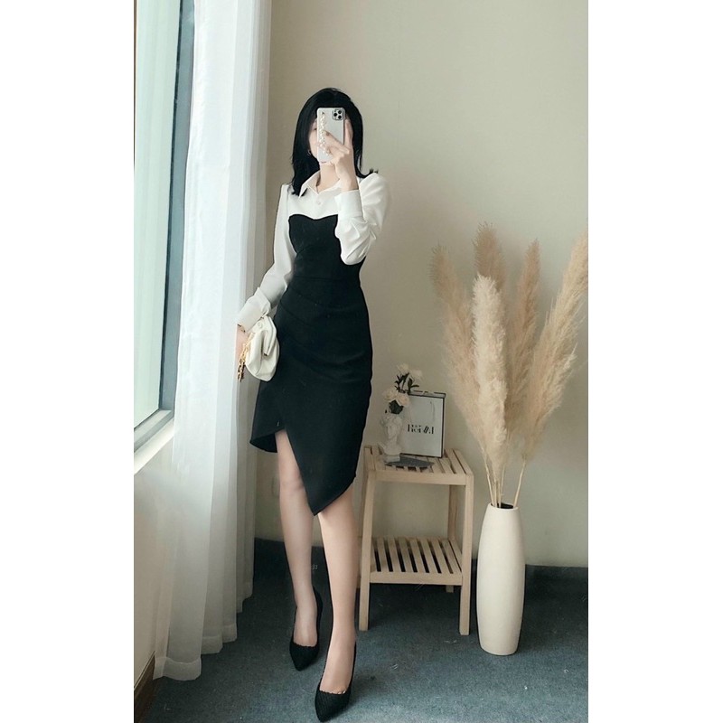 ĐẦM ĐEN NHÚN XẾP LI HÔNG LỆCH VẠT PHỐI CỔ SƠMI TRẮNG TAY DÀI KÈM ẢNH THẬT | BigBuy360 - bigbuy360.vn