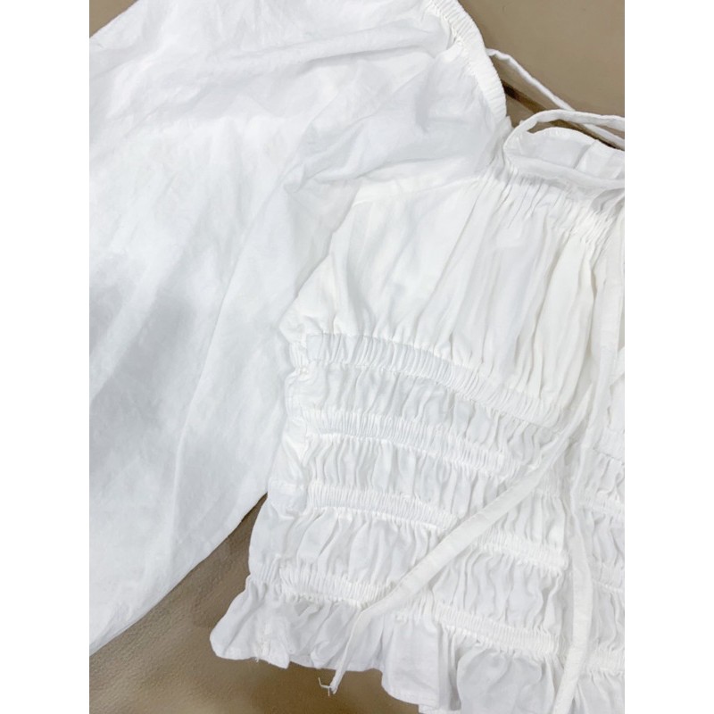 (ẢNH THẬT/SẴN) Áo croptop trắng tiểu thư bo chun cổ vuông thắt nơ