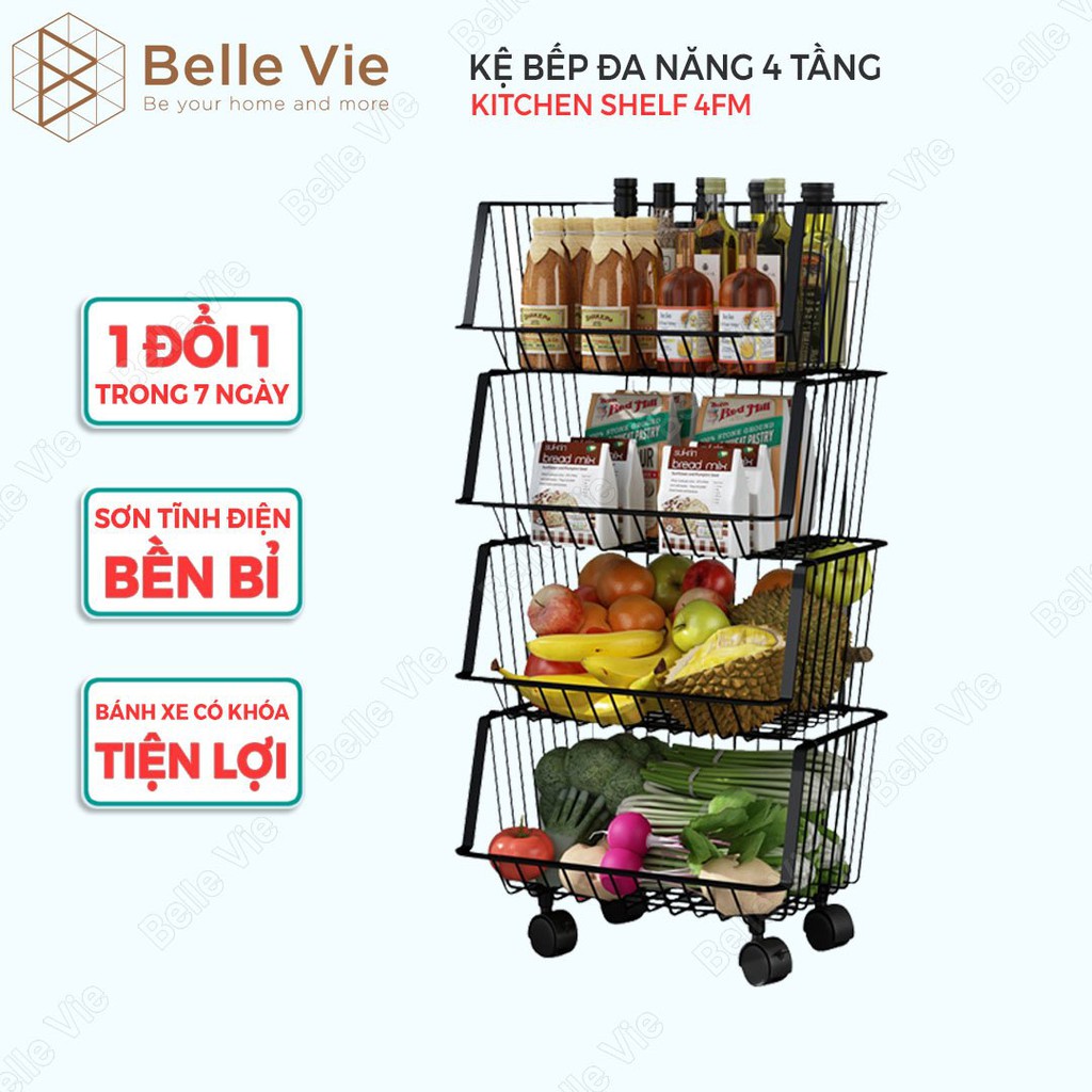 Kệ Sắt Đa Năng 4 Tầng BELLEVIE Kệ Bếp Đựng Đồ Có Bánh Xe Sơn Tĩnh Điện Hiện Đại Lắp Ráp Đơn Giản - KRQ