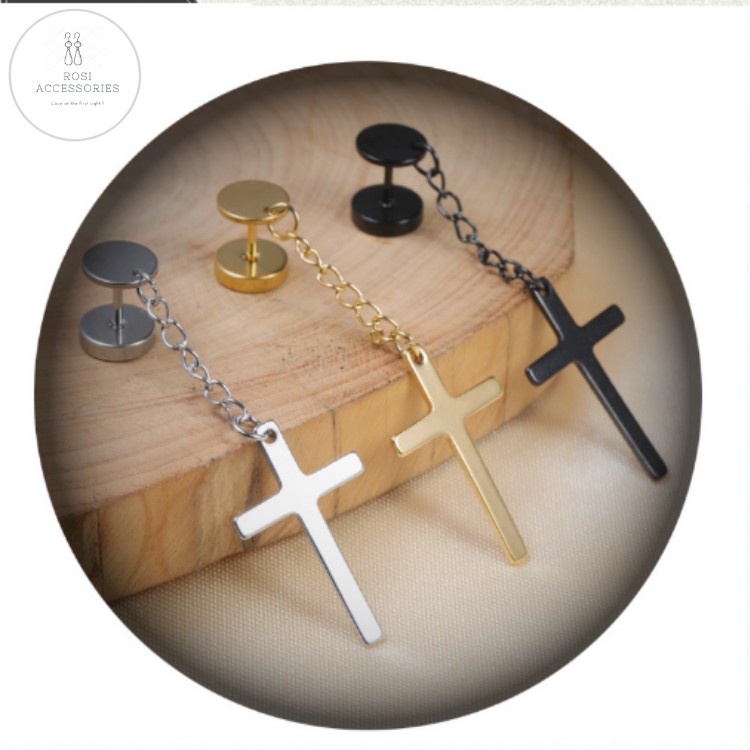 Bông Tai Thánh Giá, Khuyên Tai Nam Basic Round &amp; Cross Chain Earrings (1 Chiếc)